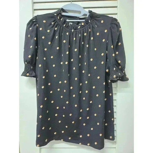 Adrienne Vittadini ruffle neck smocked sleeve top polka dots Size M NWT - Picture 1 of 5